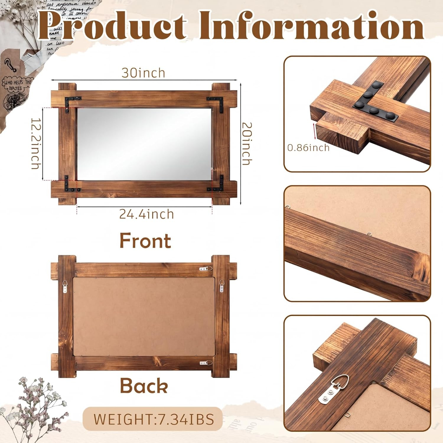 Rustic Wooden Framed Mirror for Bathroom, Farmhouse Style, 20x30 Inch gallery