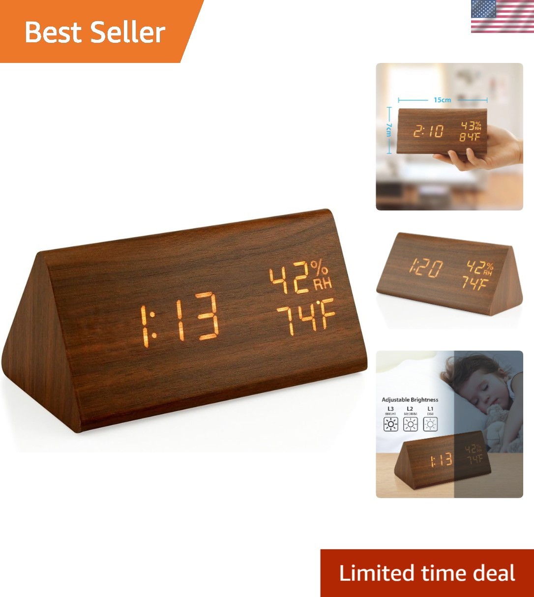 Compact Triangular LED Alarm Clock with Time, Temperature, and Humidity Readout gallery