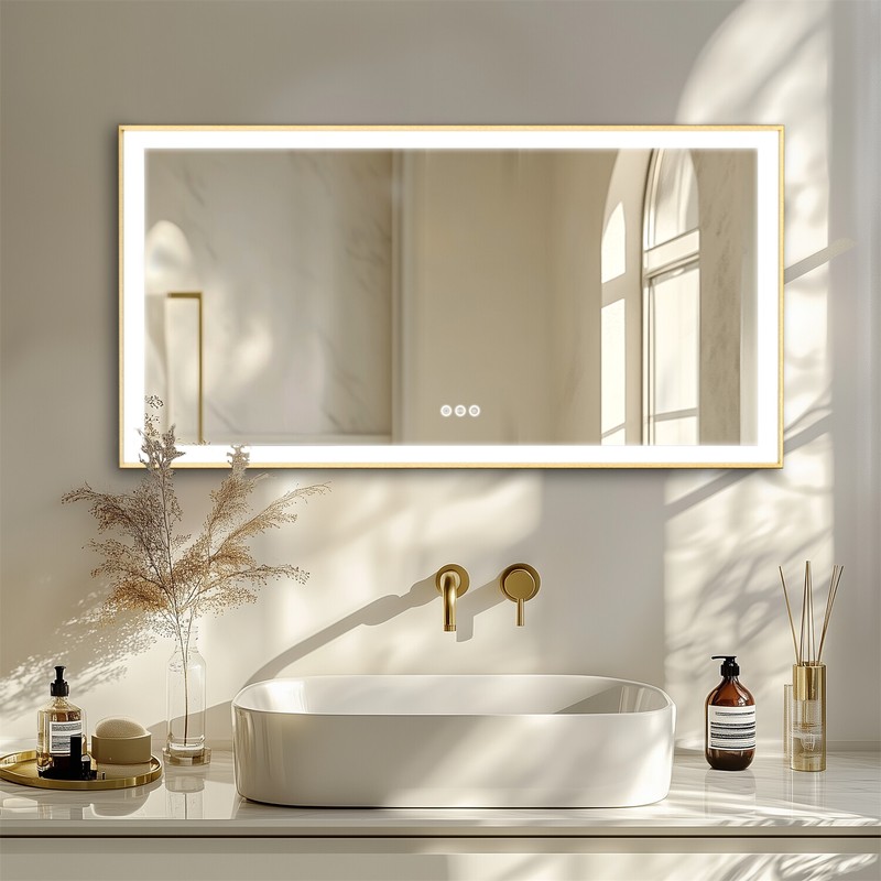 Overlength Rectangle LED Lighted Bathroom Vanity Mirror Gold Frame Touch Antifog gallery