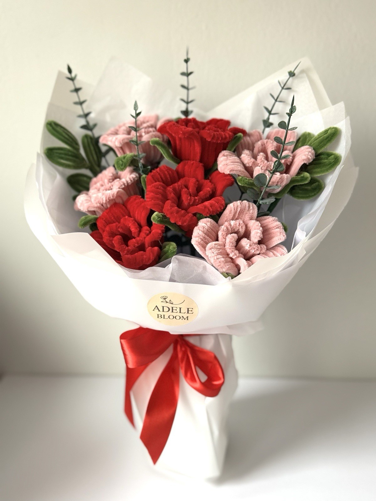 Handmade Roses Flower Bouquet Red Pink Green colors 15in gallery