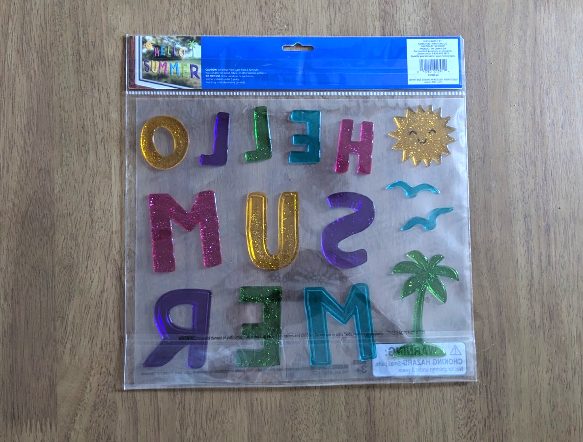 Hello Summer Colorful Window Gel Clings Stickers text palm tree bird sun decor gallery