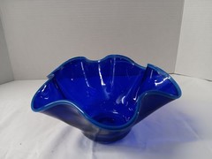 Jensen K…(?) Signed Cobalt Blue Bordered Blue Handkerchief Glass Bowl