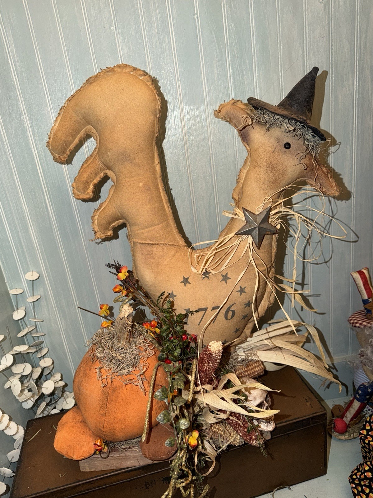 Primitive Folk Art Rooster Chicken Fall Pumpkin Skull Corn Centerpiece gallery