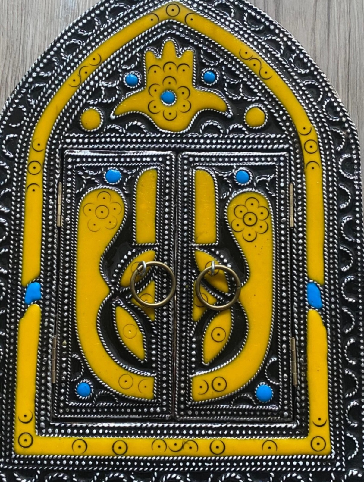 Handmade Moroccan Wall Decor Mirror with Doors Arabesque Design Hamsa Accent gallery