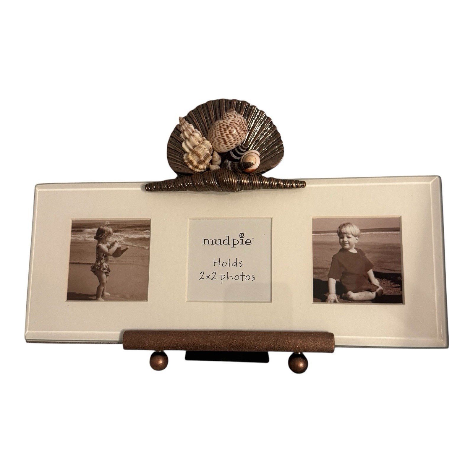 Mudpie Frame Shells Bronze Beveled Glass 10" x 6" Three 2"x2" Photo Slots EUC gallery