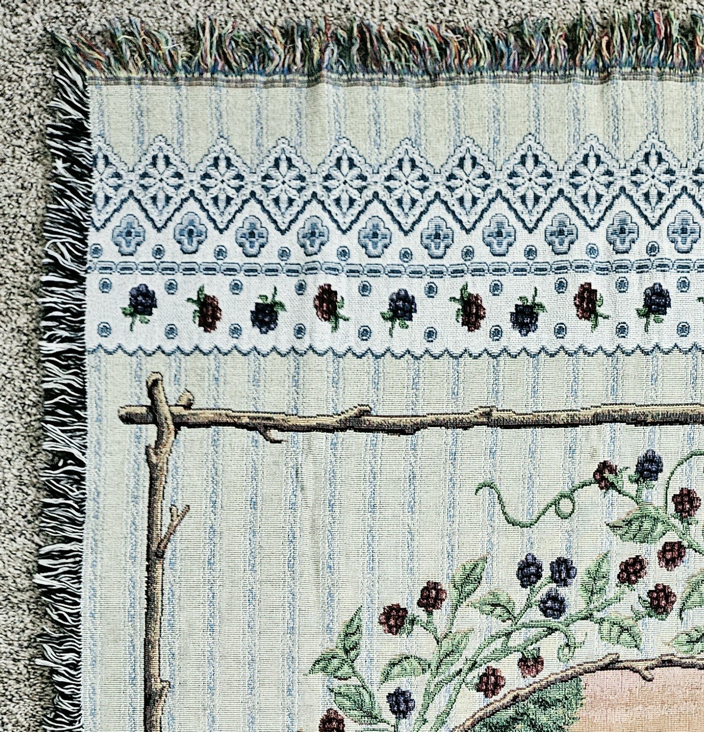 Vintage Raspberry Jam Barn Tapestry Cotton Throw Blanket Fringe 51" x 68 USA gallery