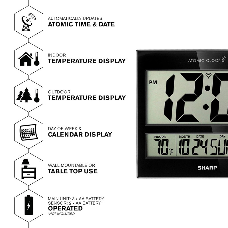 Sharp Atomic Clock – Never Needs Setting, Jumbo 3” Easy-Read Display, Indoor & O gallery