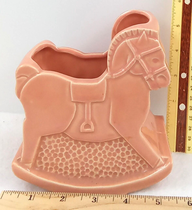 Shawnee Ceramic Rocking Horse Vase Planter Pink Floral Art Deco Vintage 526 USA gallery