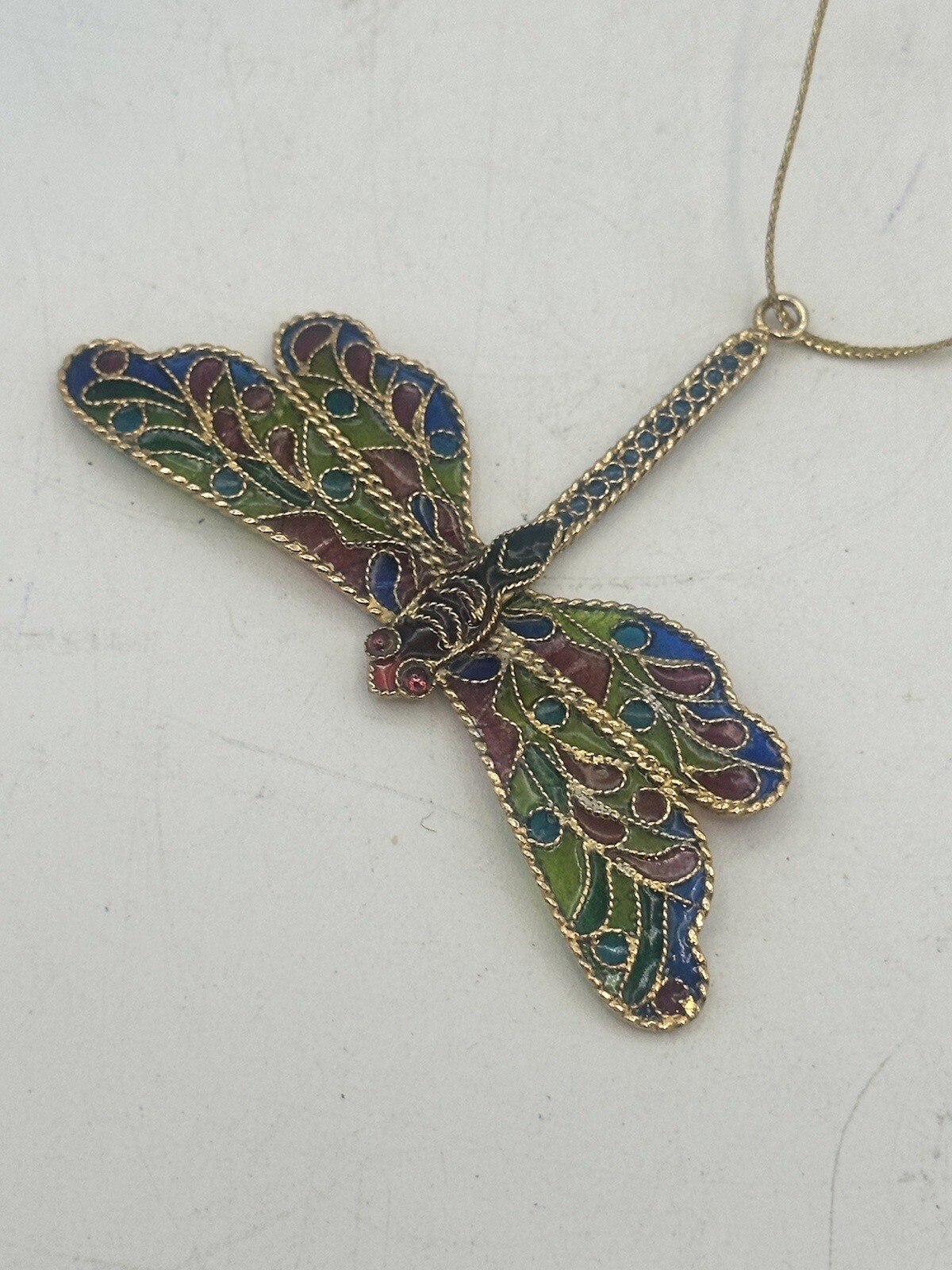 Dragonfly Ornament Reverse Stained Glass Enamel On Brass Filigree Vintage NOS gallery