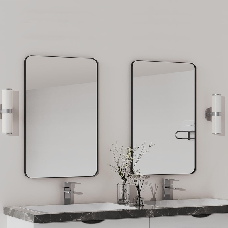 Matte Black Rounded Rectangle Bathroom Mirror, 16x24 Inch, Shatterproof Glass gallery
