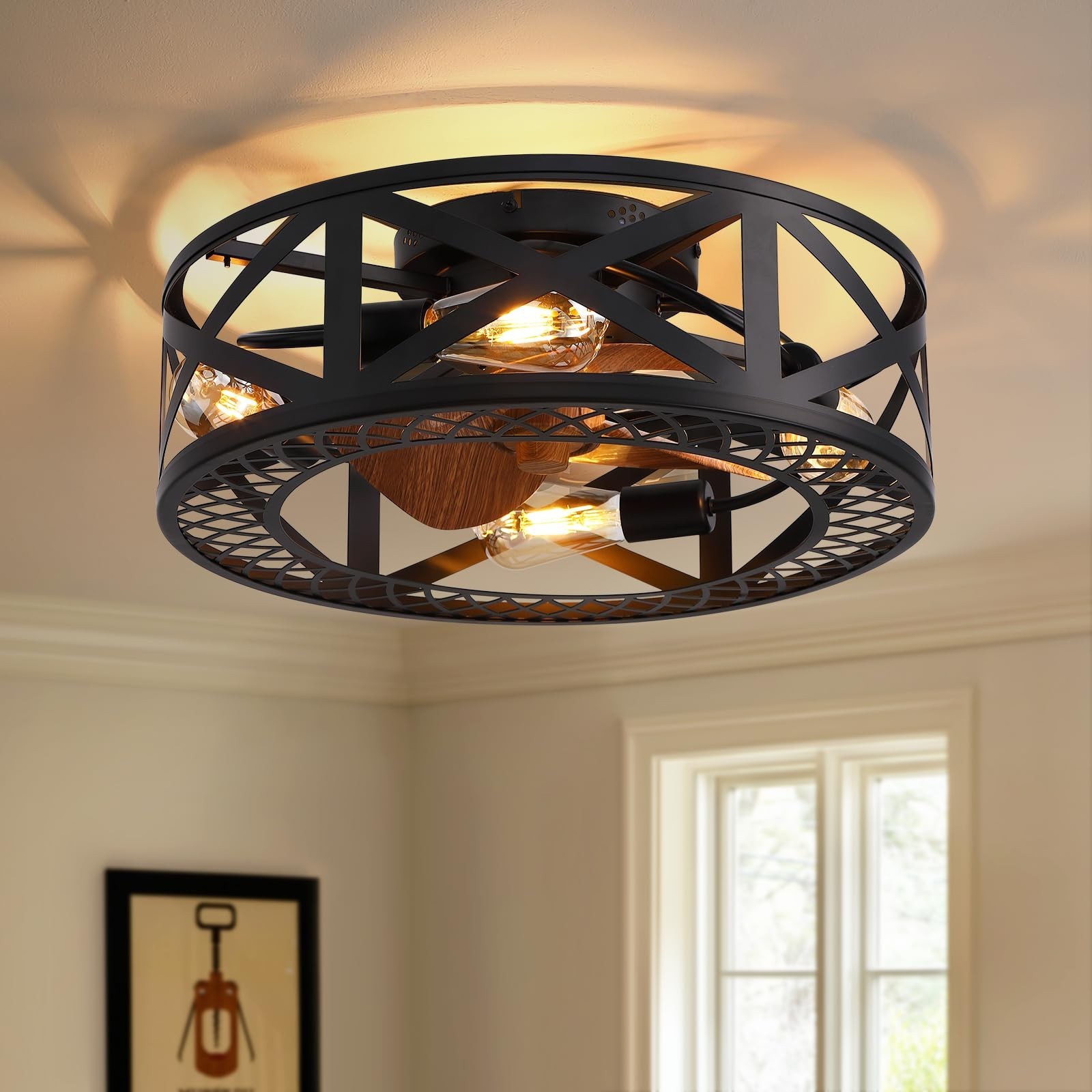 20" Caged Ceiling Fans with Lights, Modern Dimmable Flush Mount Ceiling Fan w... gallery