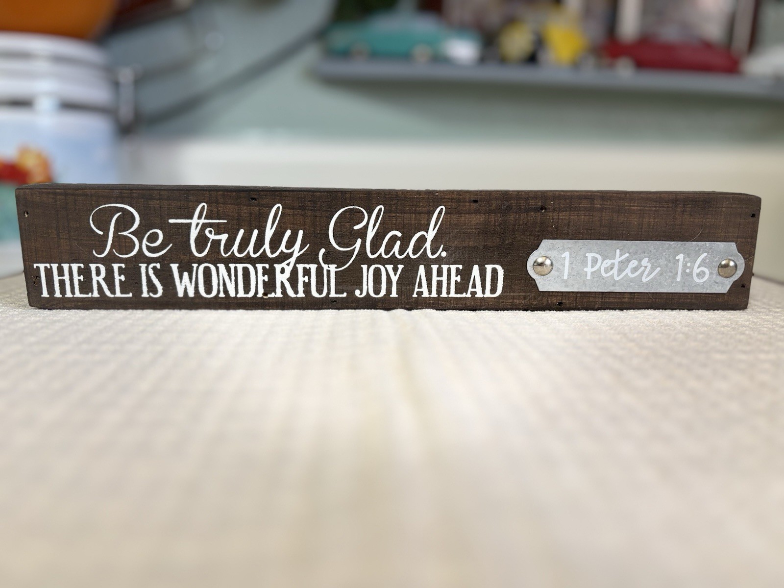 Freestanding Rustic Wood Decor Plaque Sign 1 Peter 1:6 Bible Verse Quote, 12 in gallery