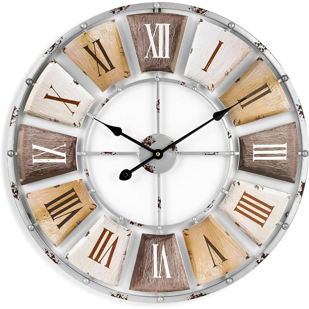 24 In. round White Wood and Metal Decorative Wall Clock Roman Numeral