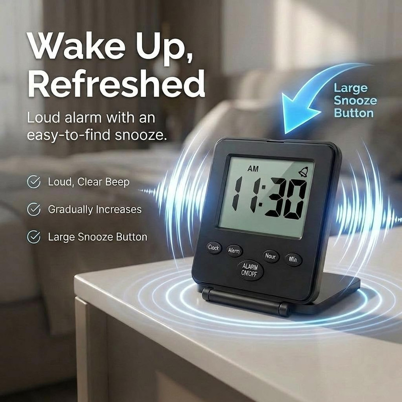 Digital Travel Alarm Clock Simple Basic Operation Loud Alarm Black gallery