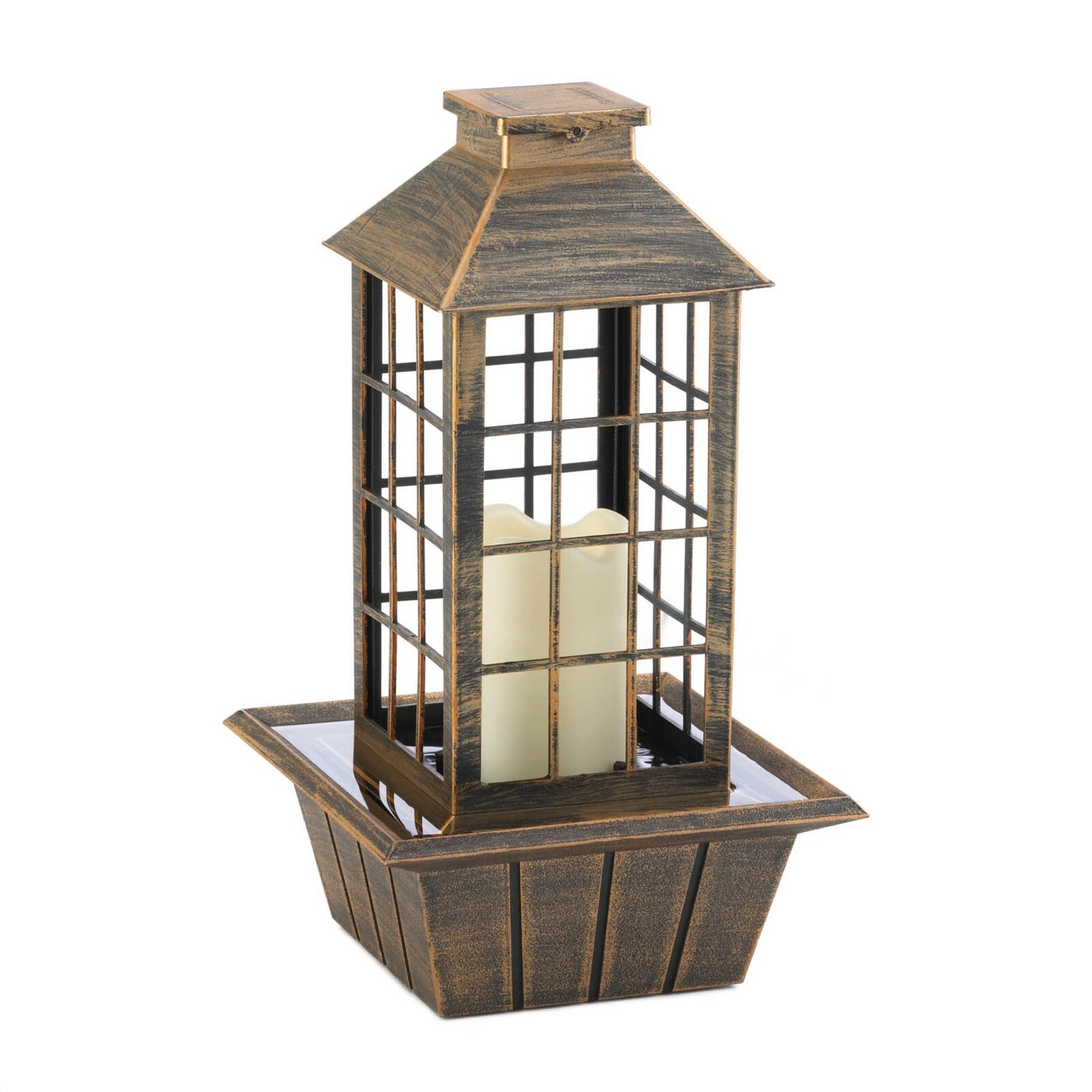 Rustic Lantern Tabletop Fountain w/ LED Flameless Candle Bronze Color Electrical gallery