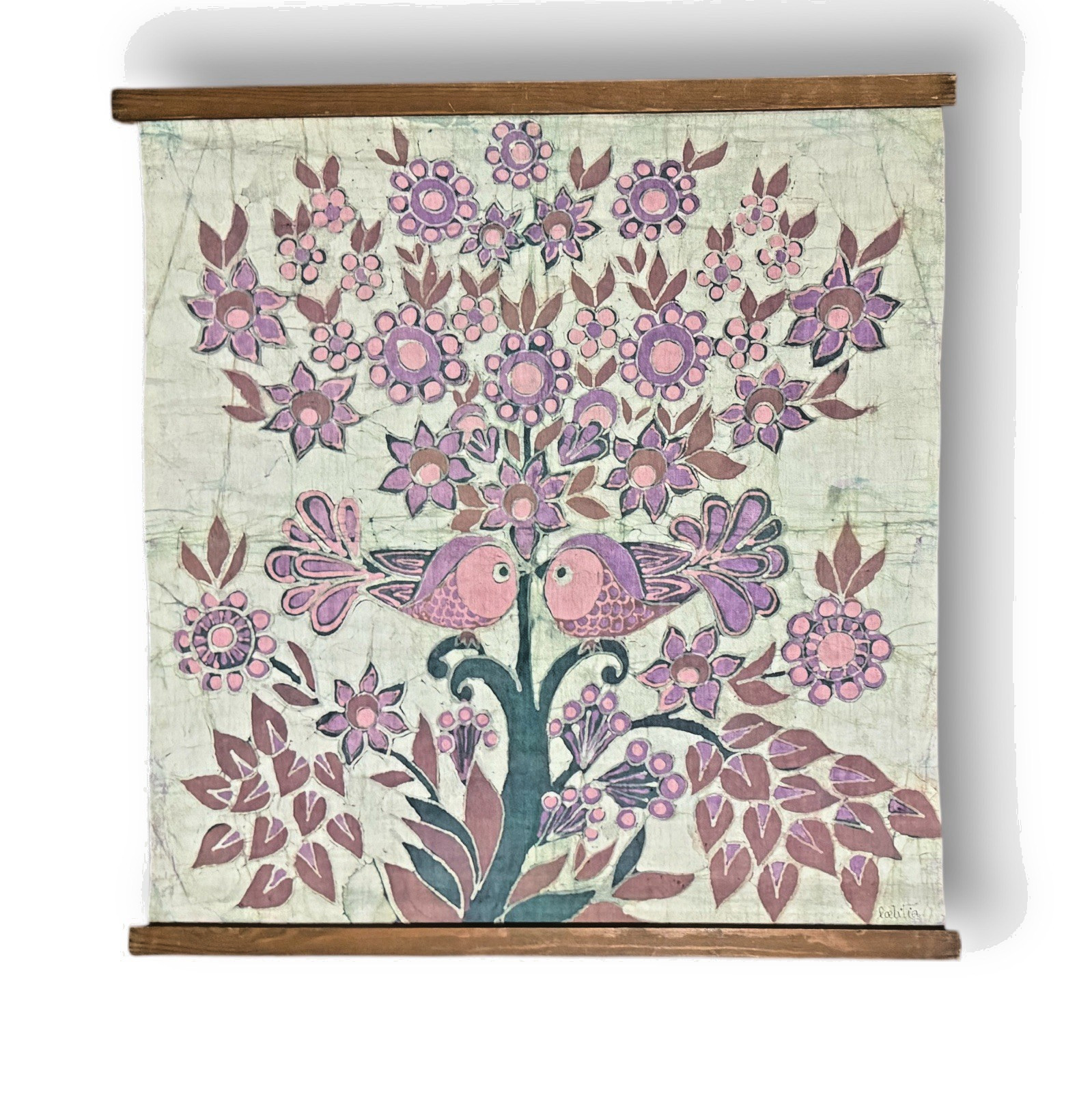 Hand-Painted Batik Textile Wall Hanging Floral Birds Folk Art Signed gallery