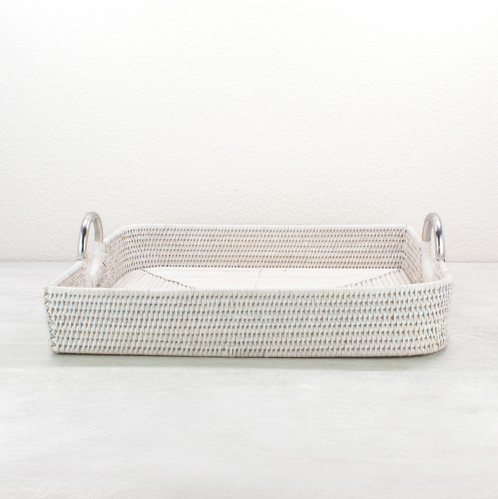 NEW Leaf Shaped Mixed Texture Rattan Tray w Handles, Luxury Home Decor-Whitewash gallery
