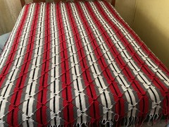 Handmade crochet ” Afghan black/ gray / Red and white 74″ x 61″ Fringe on 2 end