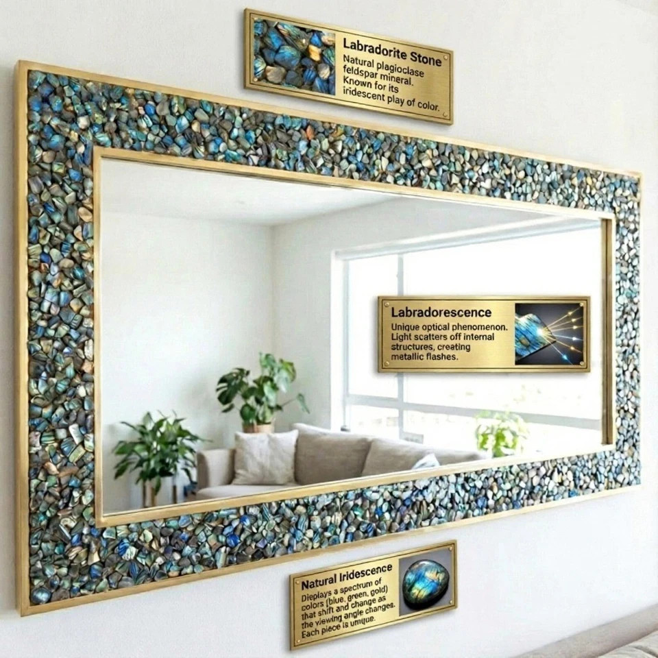 Labradorite Stone Wall Mirror | Handmade Gemstone Frame Luxury Decor gallery