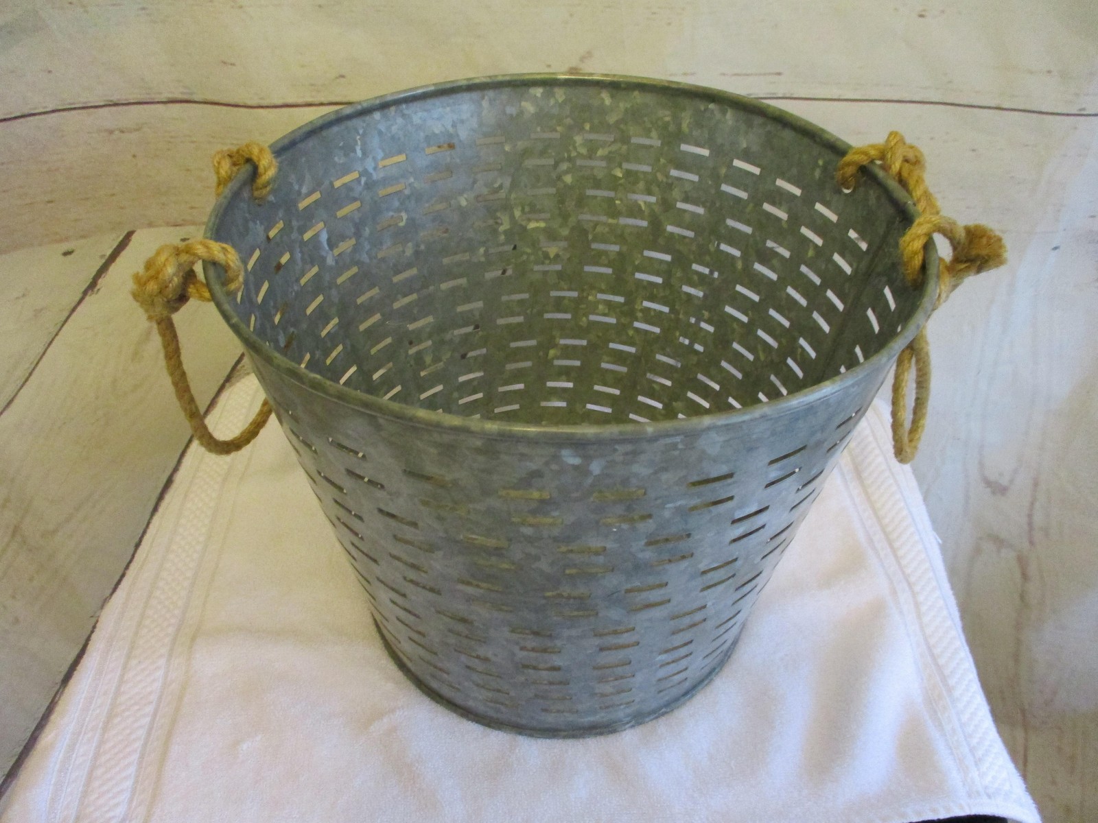 Galvanized Metal Olive Bucket Rope Handles Slats Farmhouse Industrial Chic 10X12 gallery