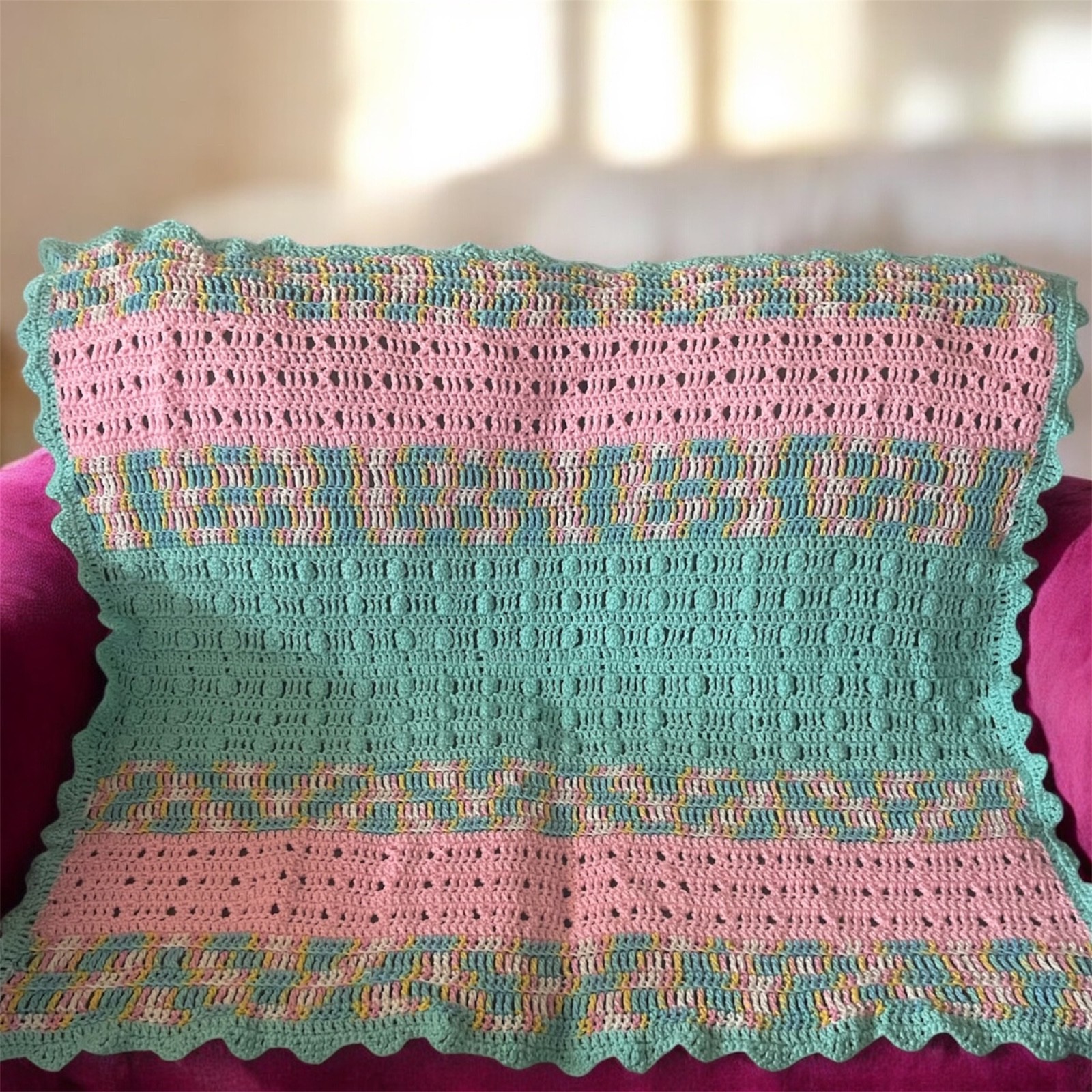 Beautiful Handmade Crocheted Afghan Green-Pink-Multicolor with Green Border 50" gallery