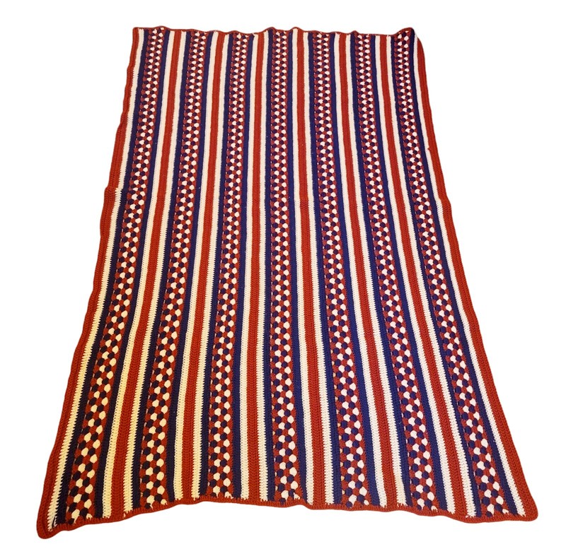 Vtg Knit Crocheted Blanket Throw Afghan 43" x 69" Red White Blue Stripes 70's gallery