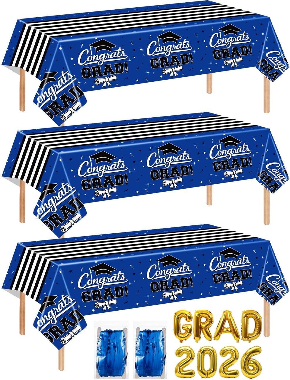 7-Pack Graduation Party Decorations Set, 3 Blue Graduation Tablecloths 54x108in, gallery