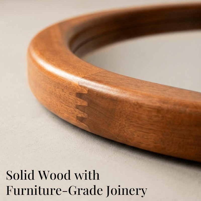 30" Walnut Round Wall Mirror,Large Solid Wood Frame Wavy Inner Edge for Entryway gallery