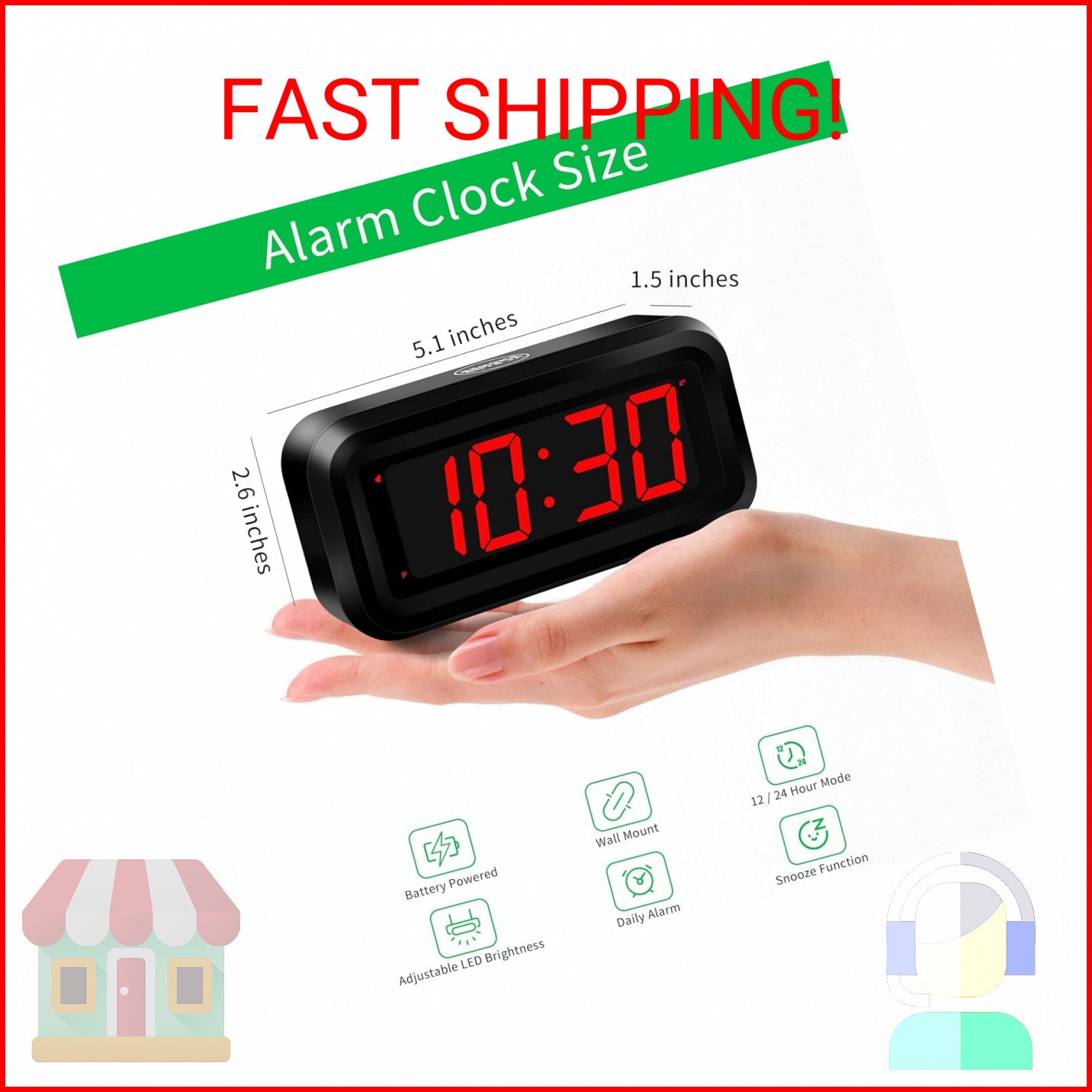 Alarm Clock, LED Digital Clock, Small Wall Clock, Battery Operated, Adjustable 3 gallery