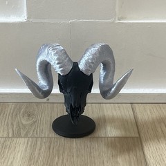Silver Black Ram Skull Replica With Stand 4 x 6 x 3 Inch