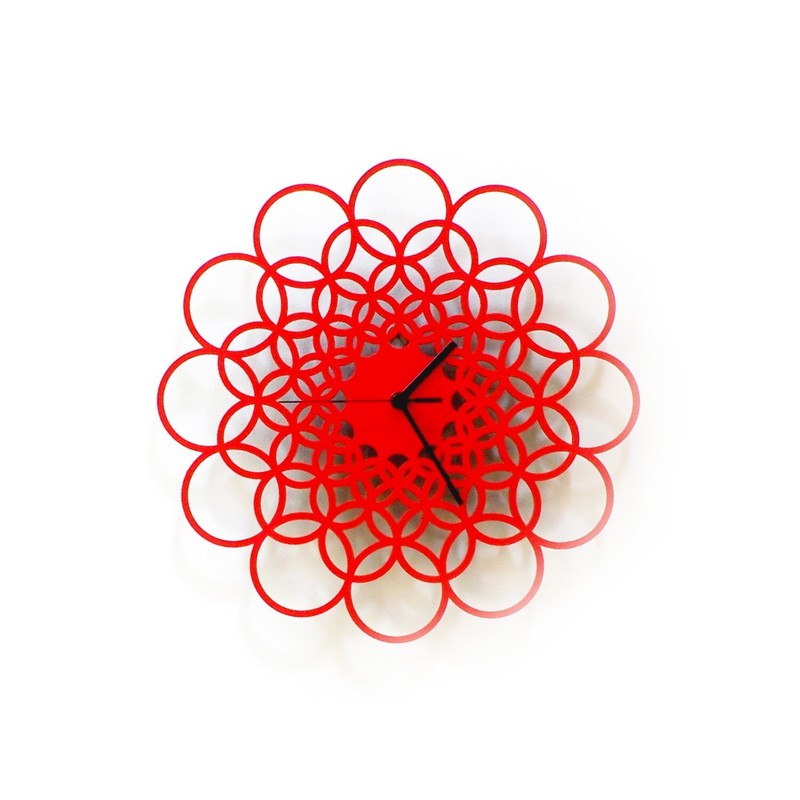 Rings red - uniform red wall clock with geometric pattern gallery