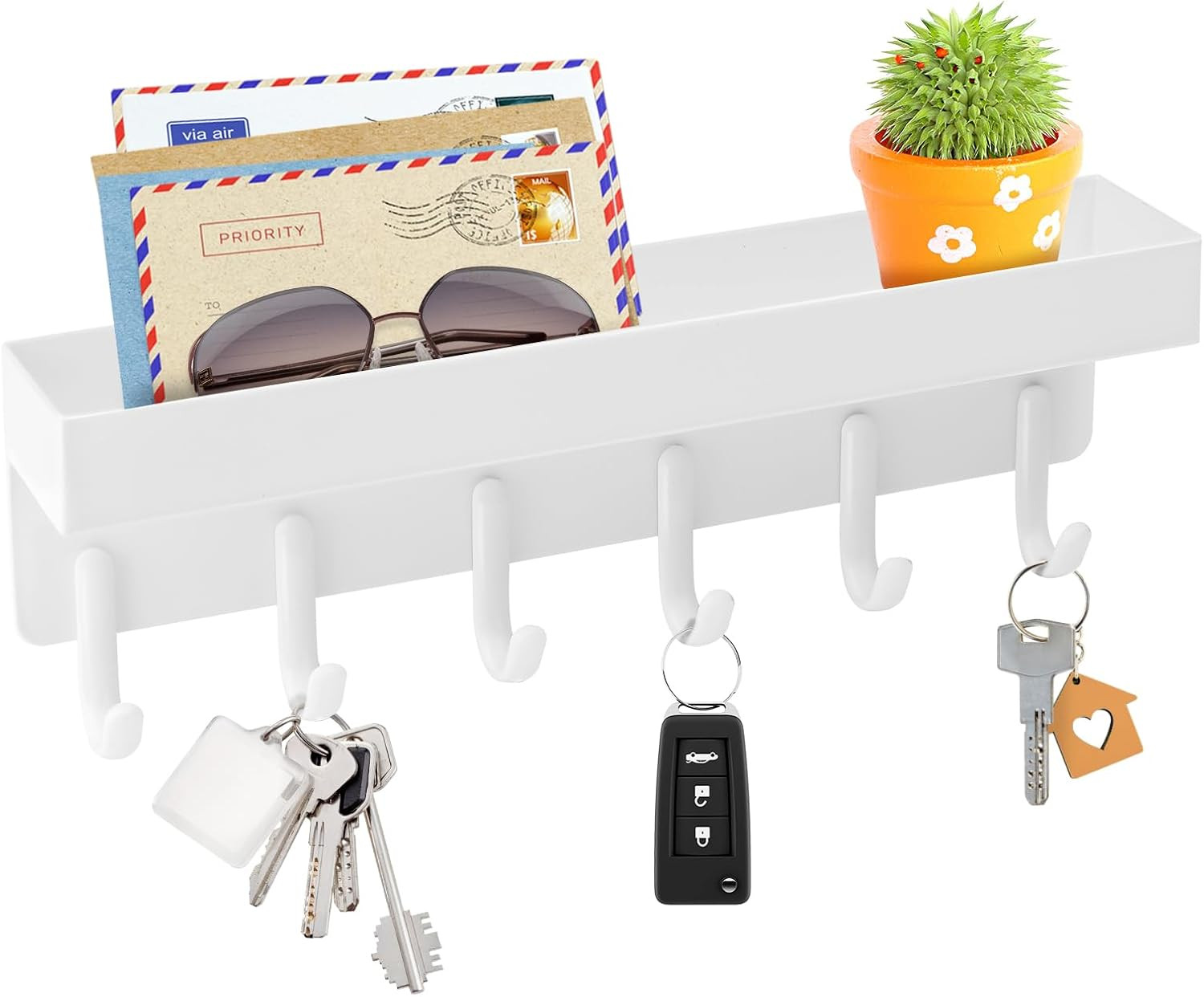 Key Holder Wall Mount, Compact Adhesive Key Rack with Tray, 6 Hooks, 2 Mount Opt gallery