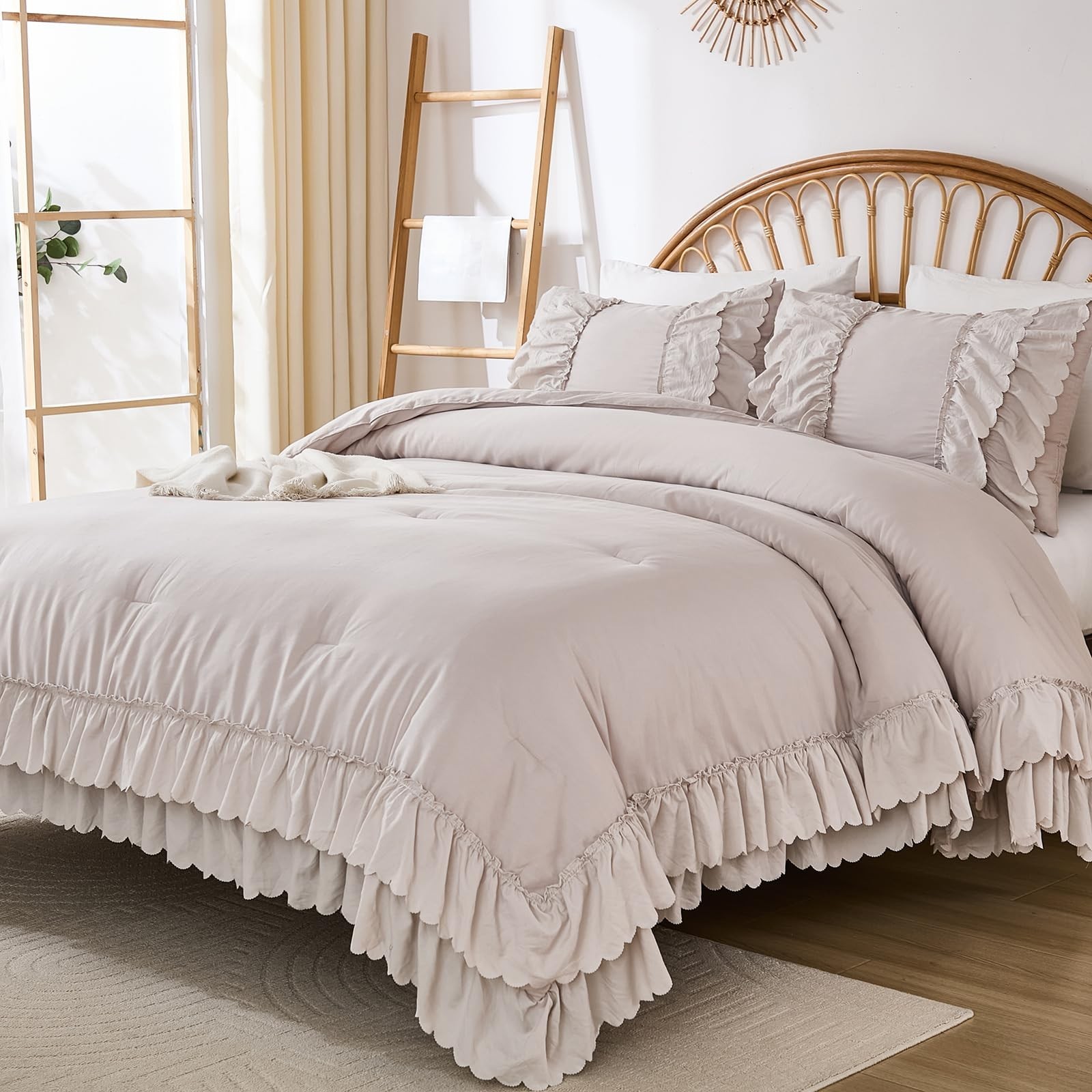Herside Beige Cotton Ruffle Comforter King Size,2 Layers Ruffles Boho Bedding... gallery