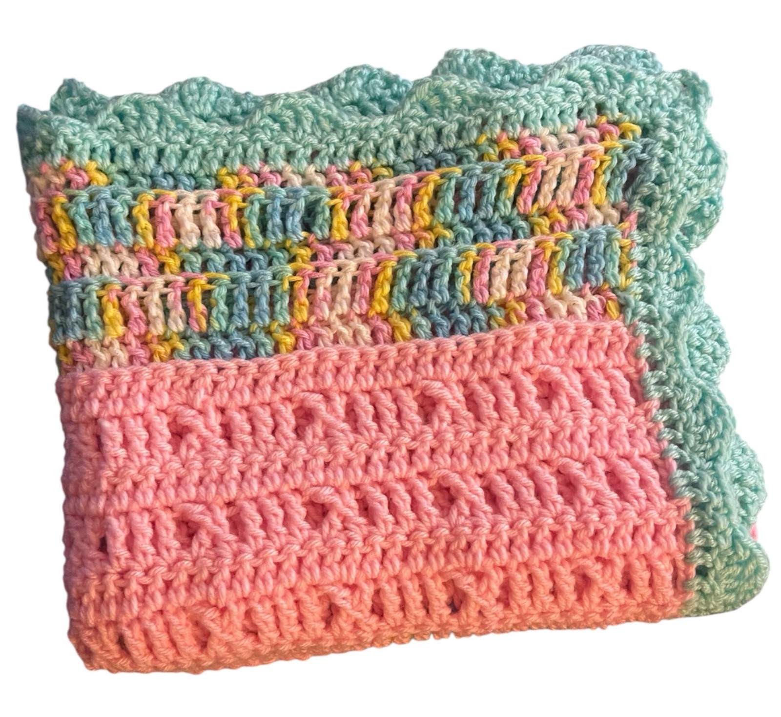 Beautiful Handmade Crocheted Afghan Green-Pink-Multicolor with Green Border 50" gallery