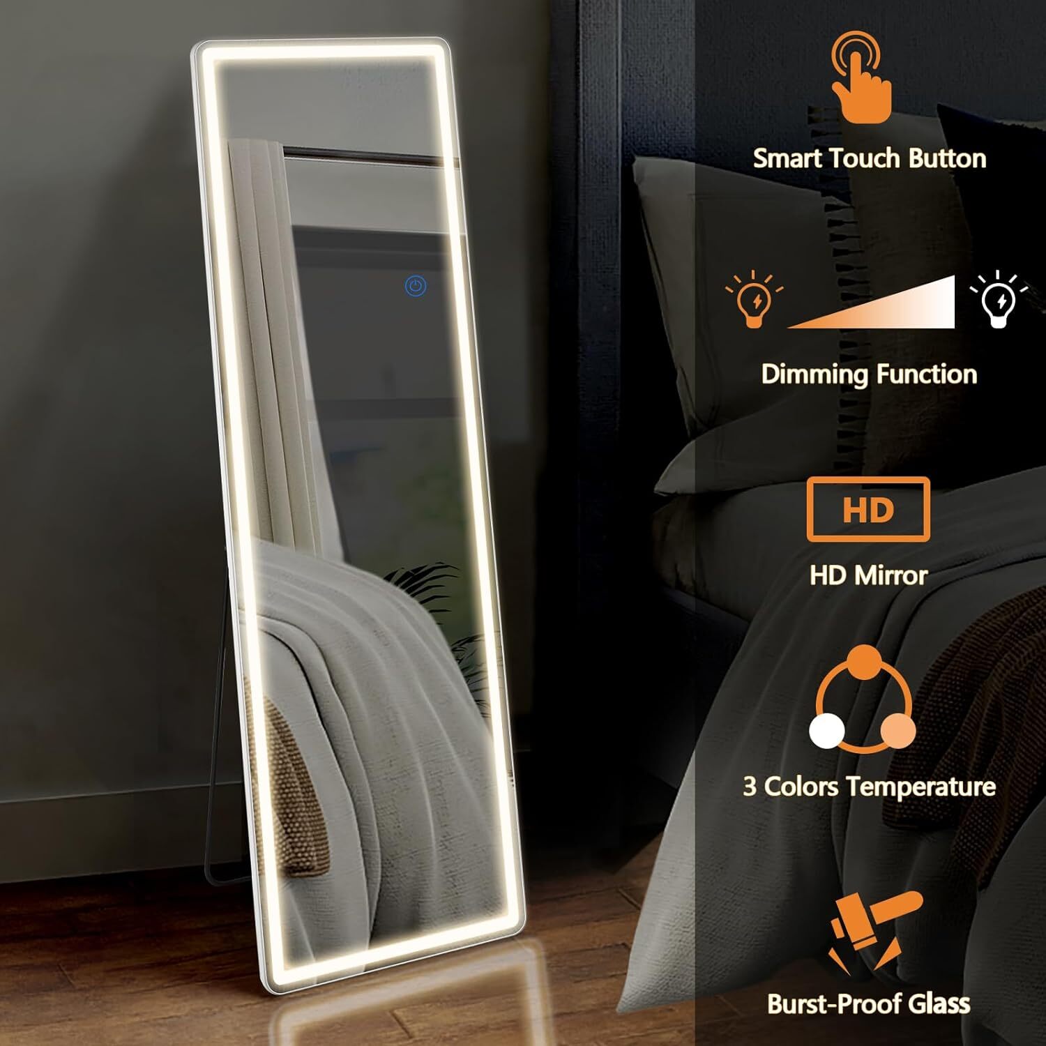 64"x 21" Floor Mirror. LED Light. Full Length. Wall Mounted or Hanging. gallery