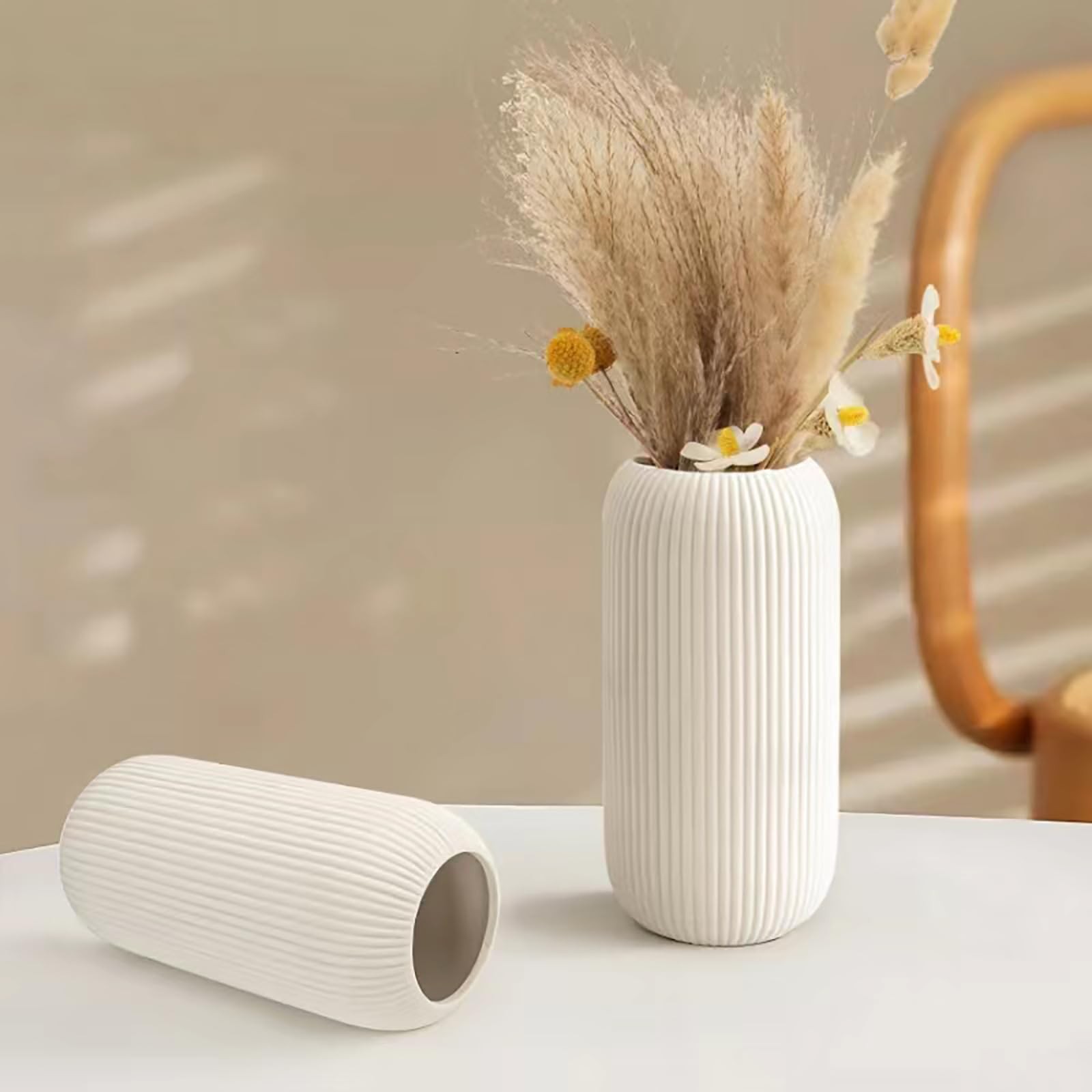 Ceramic Ribbed Flower Vase Modern Small White – 8" Tall Home Decor gallery