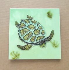 Ocean Turtle hand painted ceramic art tile 6 x 6 inches fiberboard back Green