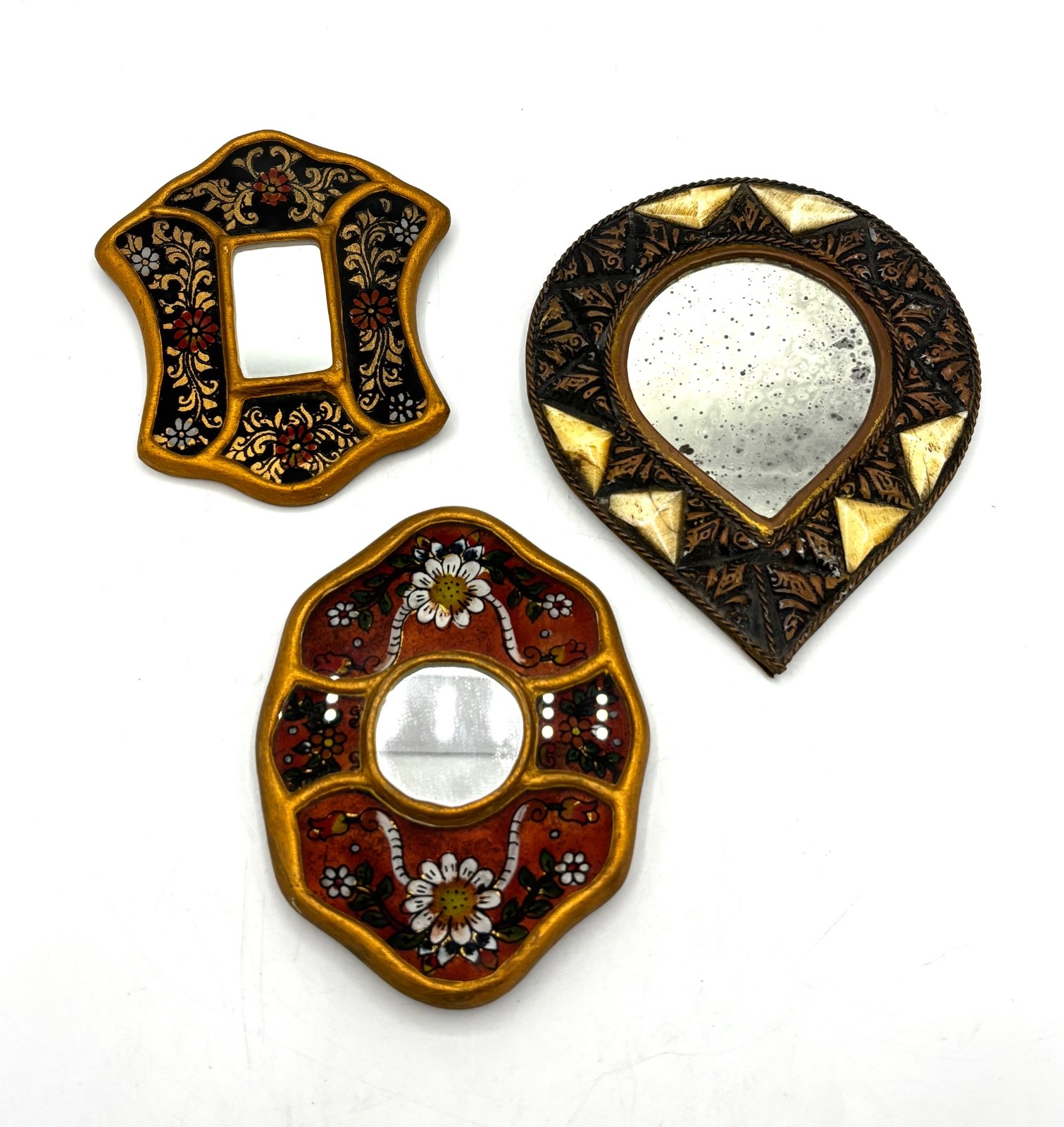 3 Peruvian Reverse Painted Wall Mirrors Glass Peru Floral & Carved Bone Mirror gallery