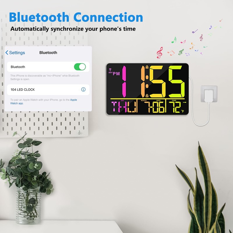 13" Bluetooth Auto Sync Wall Clock- Large Digital Alarm Clock with Remote, RG... gallery