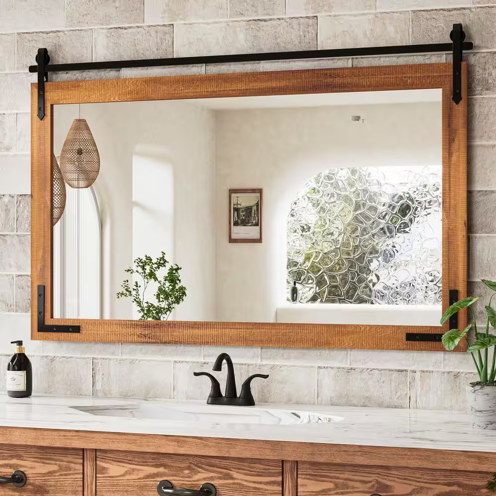 45 In. W X 30 In. H Rectangular Barn Door Brown Mirrors Wood Framed Mirror Farmh gallery