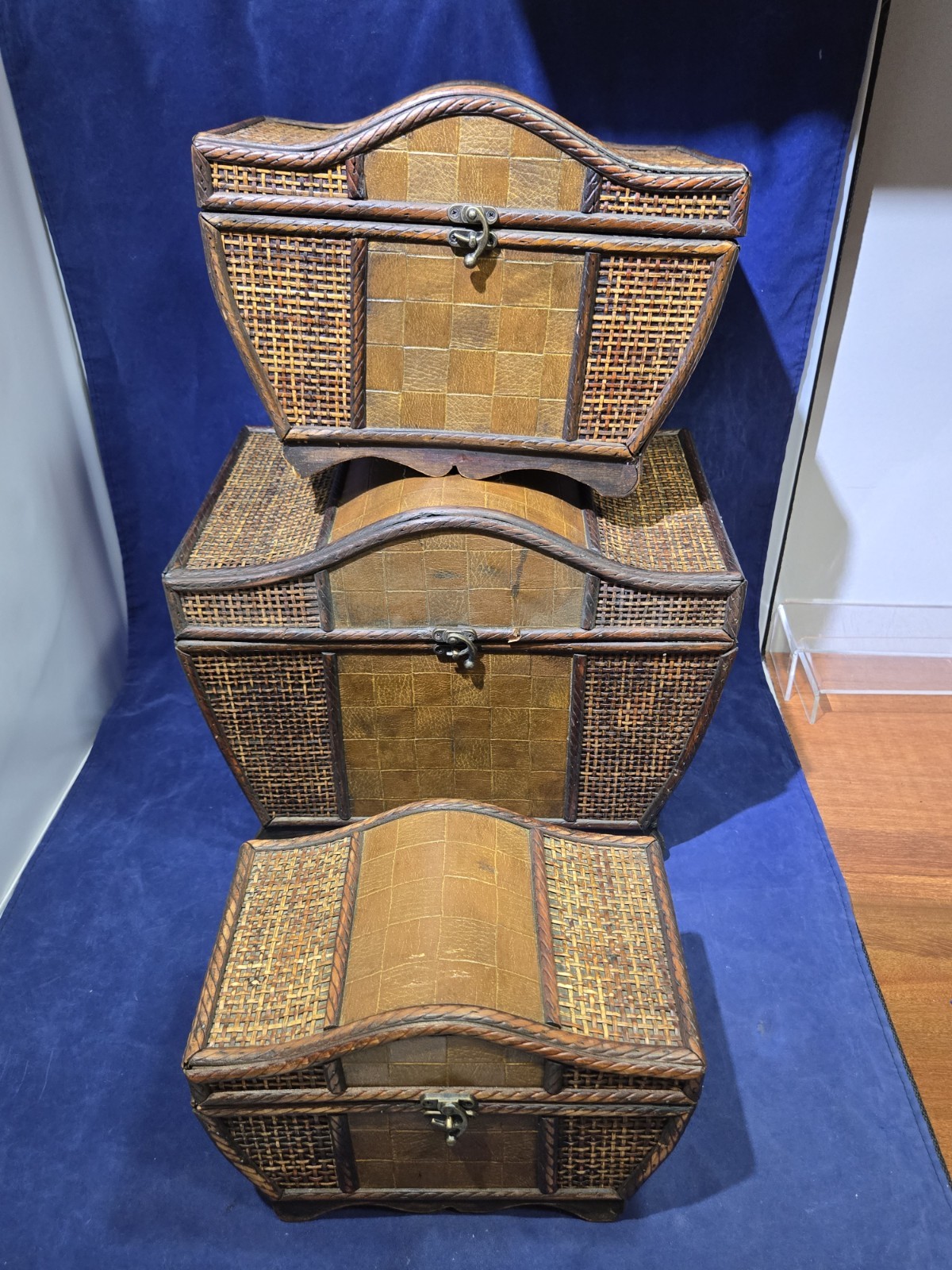 Vintage Bamboo Rattan Wicker Nesting Storage Chests Stacking Trunk Lot Set of 3 gallery