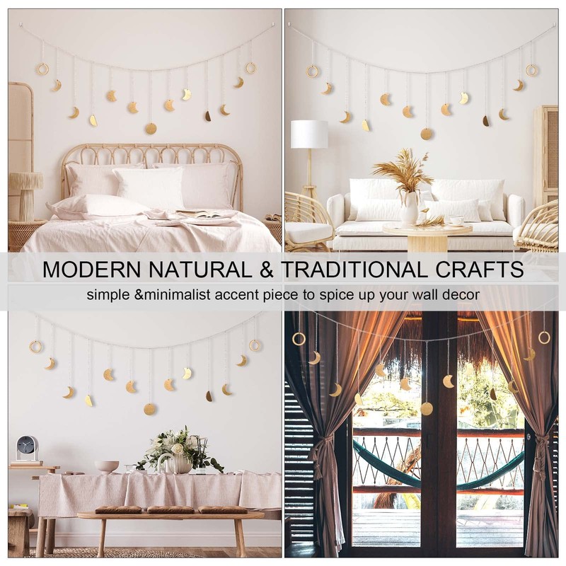 Moon Phase Wall Decor with String Light, 13 Gold Wood Boho Wall Hanging Decor... gallery