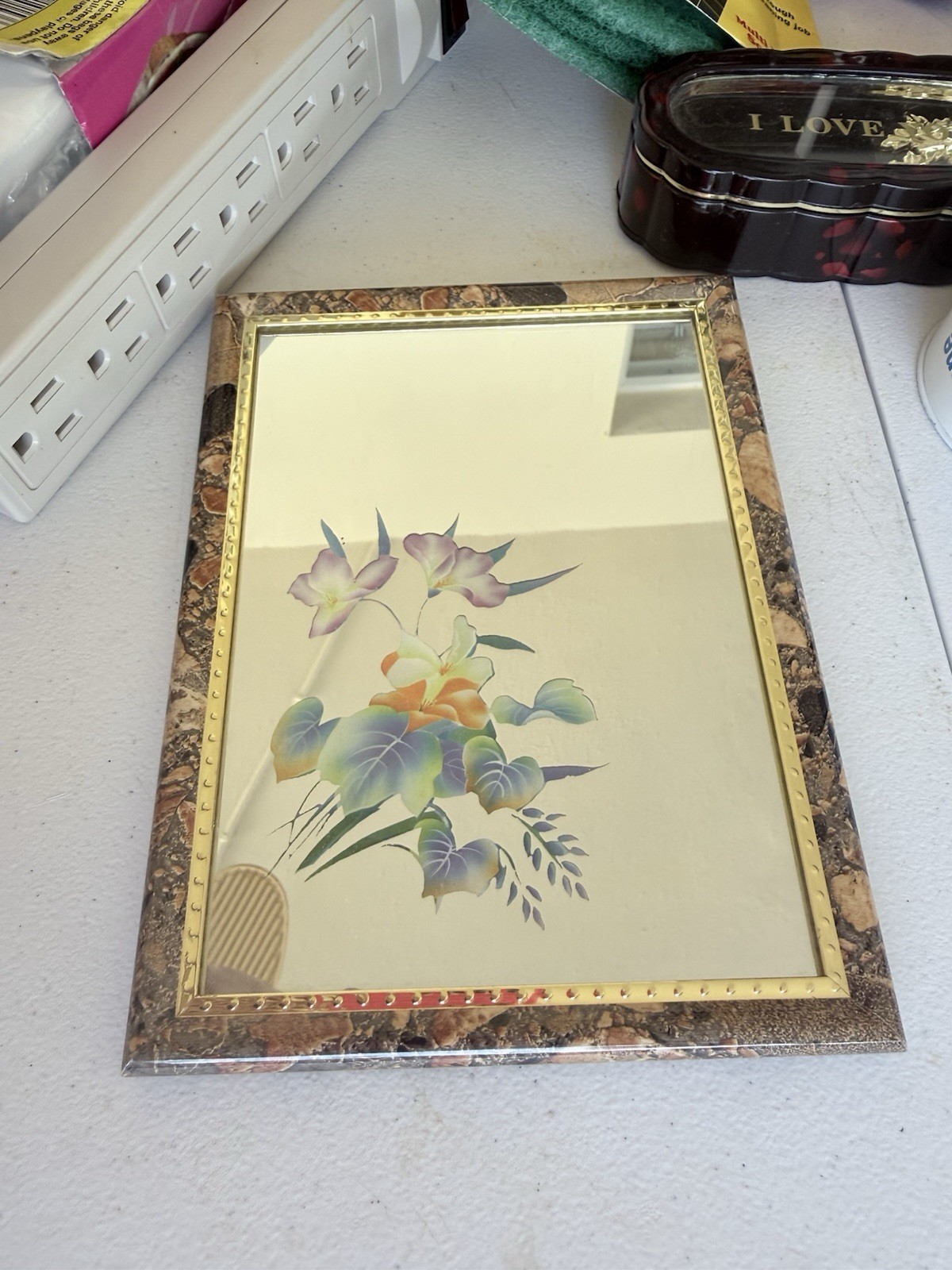 Rectangular Floral Accent Mirror Brown Frame Multicolor Less Than 10 in gallery