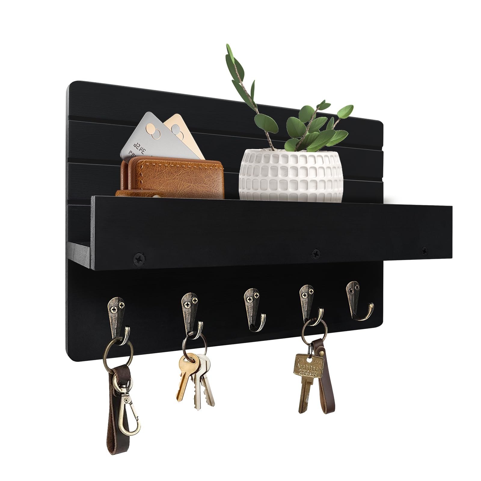 KISENG Key Holder Wall Mount, Rustic Key Hooks for Wall with Shelf for Mail gallery