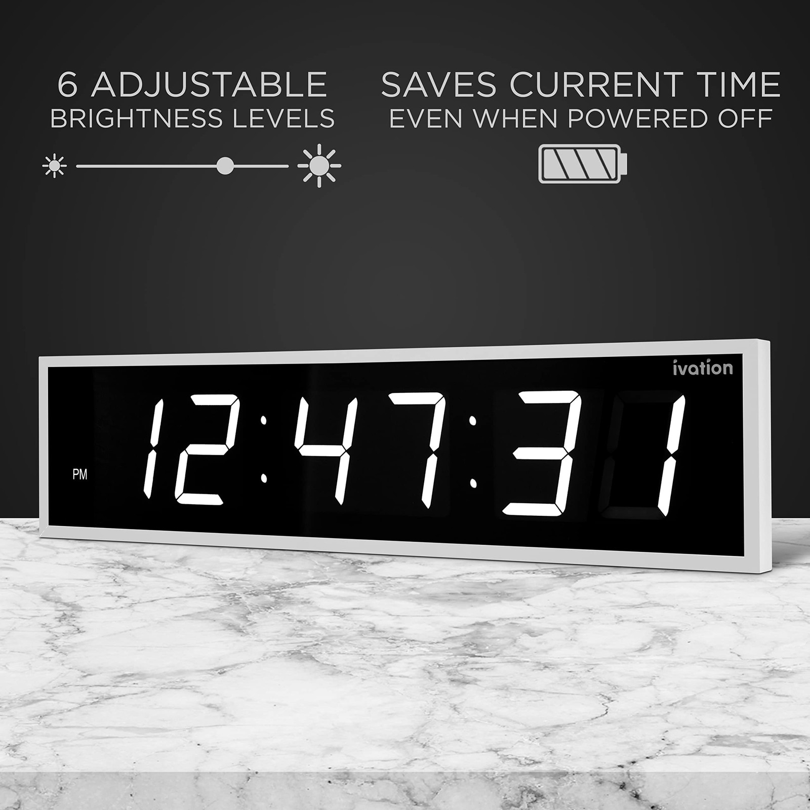 Ivation 24" Large Digital Clock, 6-Level Brightness, LED Wall Clock, White gallery