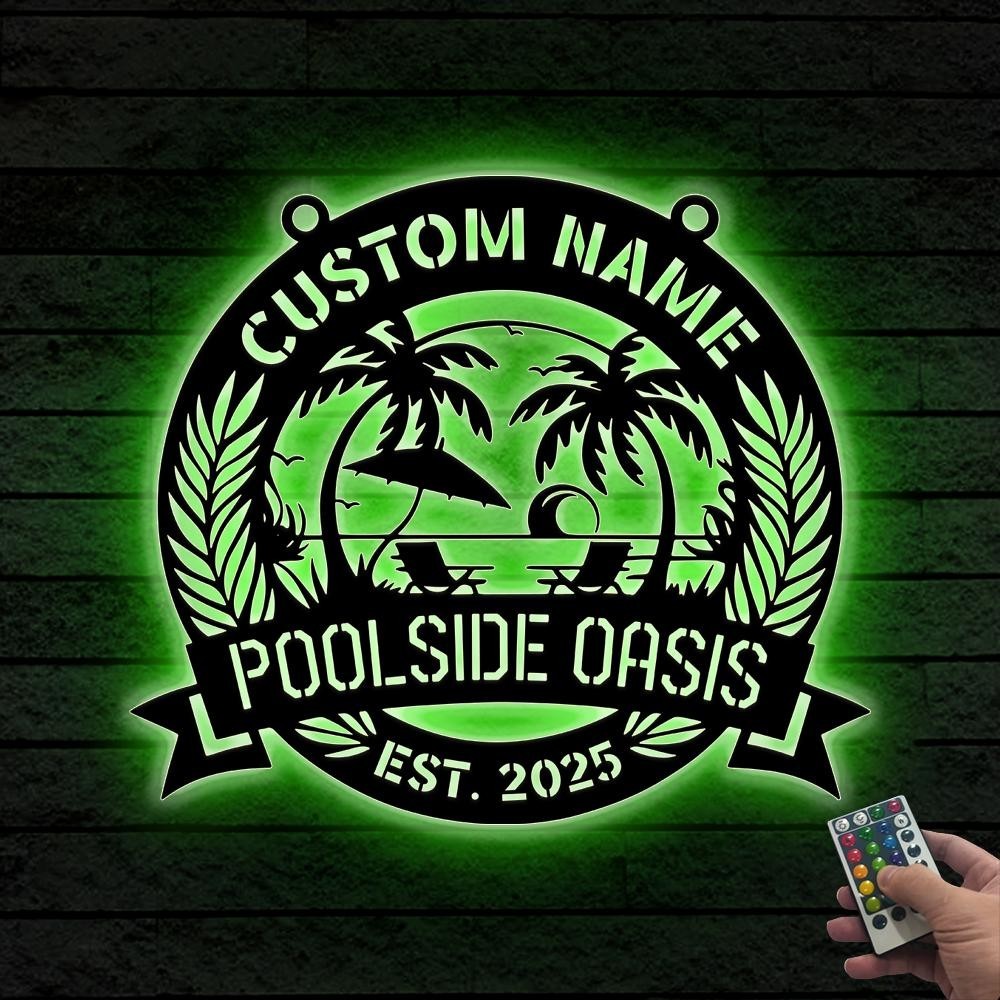 Custom Poolside Oasis LED Sign – Personalized Pool Bar Sign, Tropical Palm Tree gallery