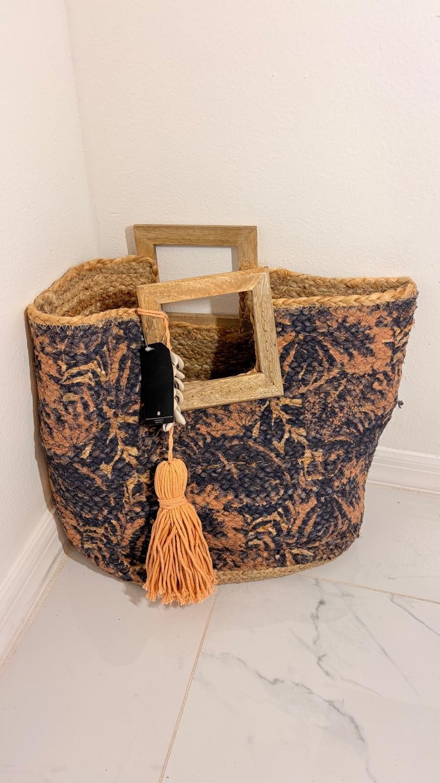 Tuc & Arrow Rectangular Woven Straw Basket with Handles, Brown Black gallery