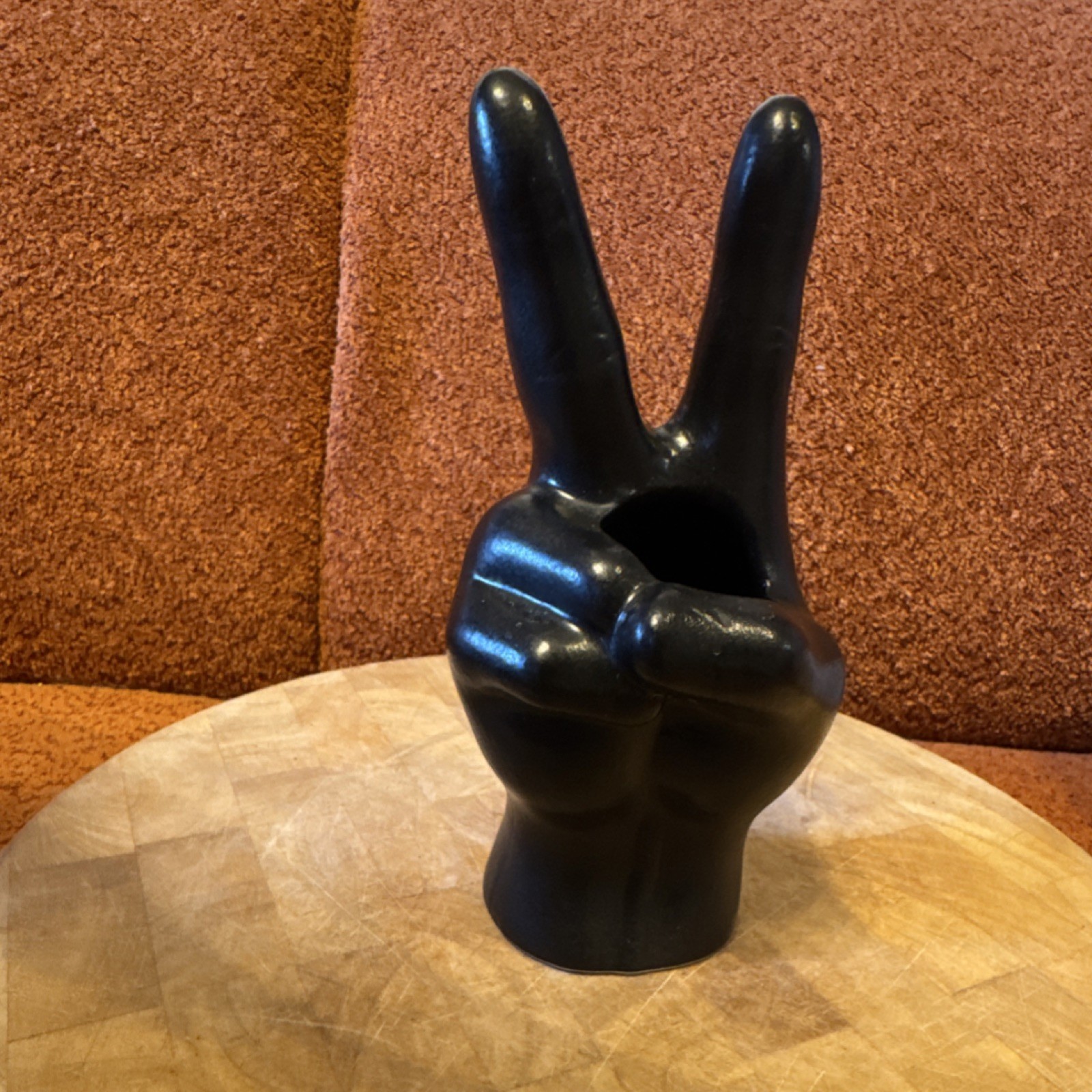 Black Ceramic Peace Sign Hand Sculpture, Matte Finish, Modern Décor, Medium Size gallery