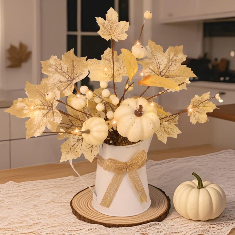 [Light & Timer] Fall Decor Table Centerpiece Potted White Maple Arrangement i...