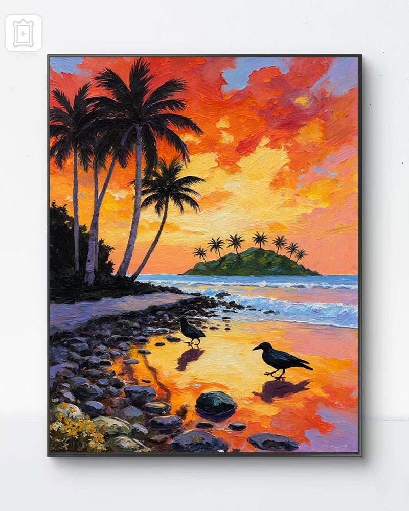 Tropical Sunset Beach Canvas Print Textured Impasto Island Wall Art Sable Thread gallery